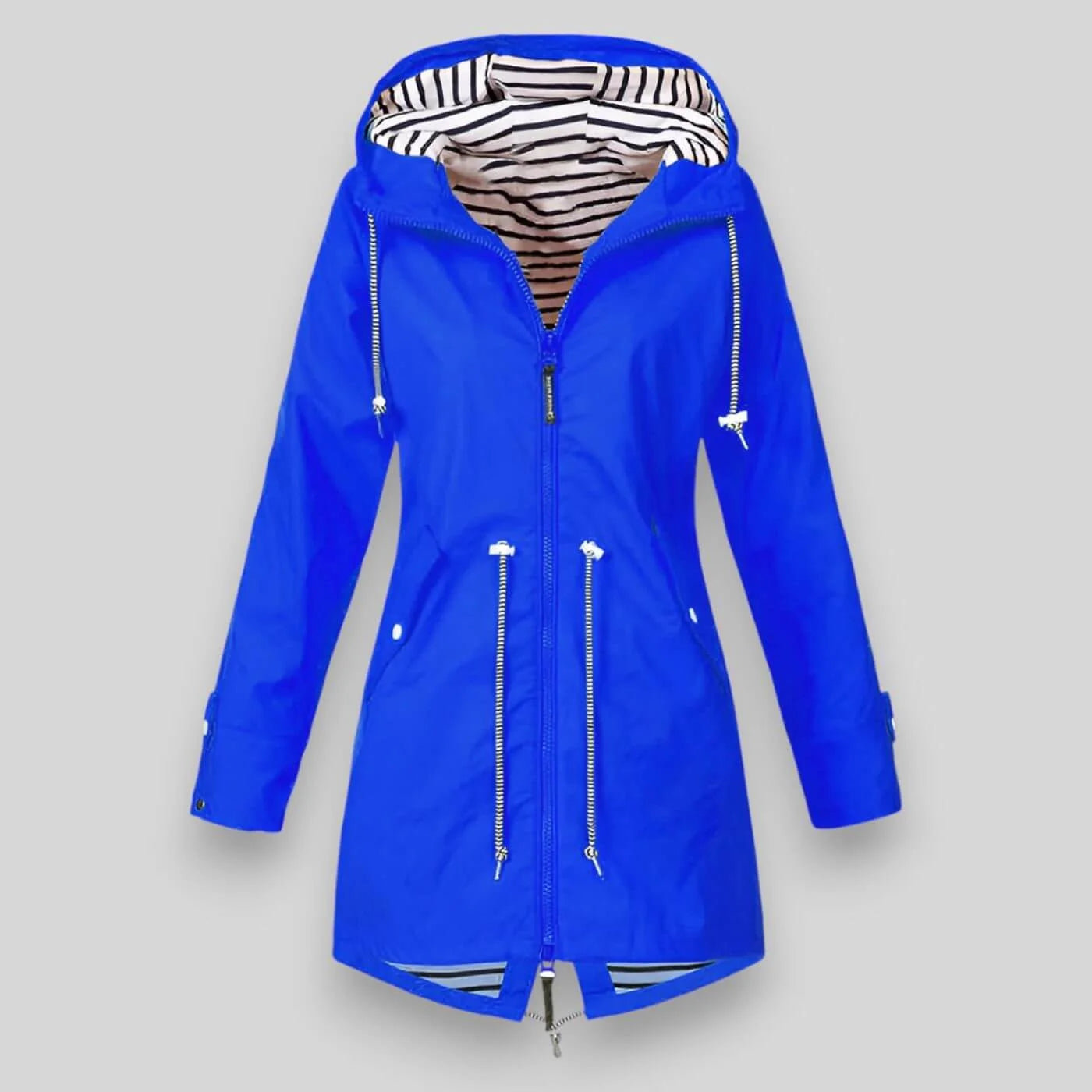 Blue Women's Raincoat With Hood — Belle Longline Waterproof Drawstring - Front View