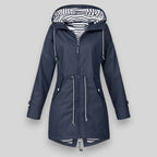 Navy Women's Raincoat With Hood — Belle Longline Waterproof Drawstring - Front Full