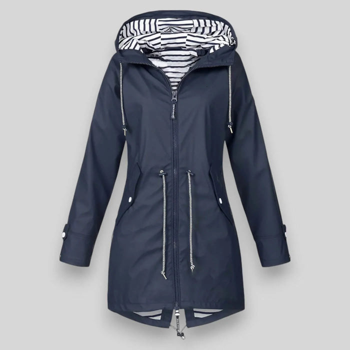 Navy Women's Raincoat With Hood — Belle Longline Waterproof Drawstring - Front Full