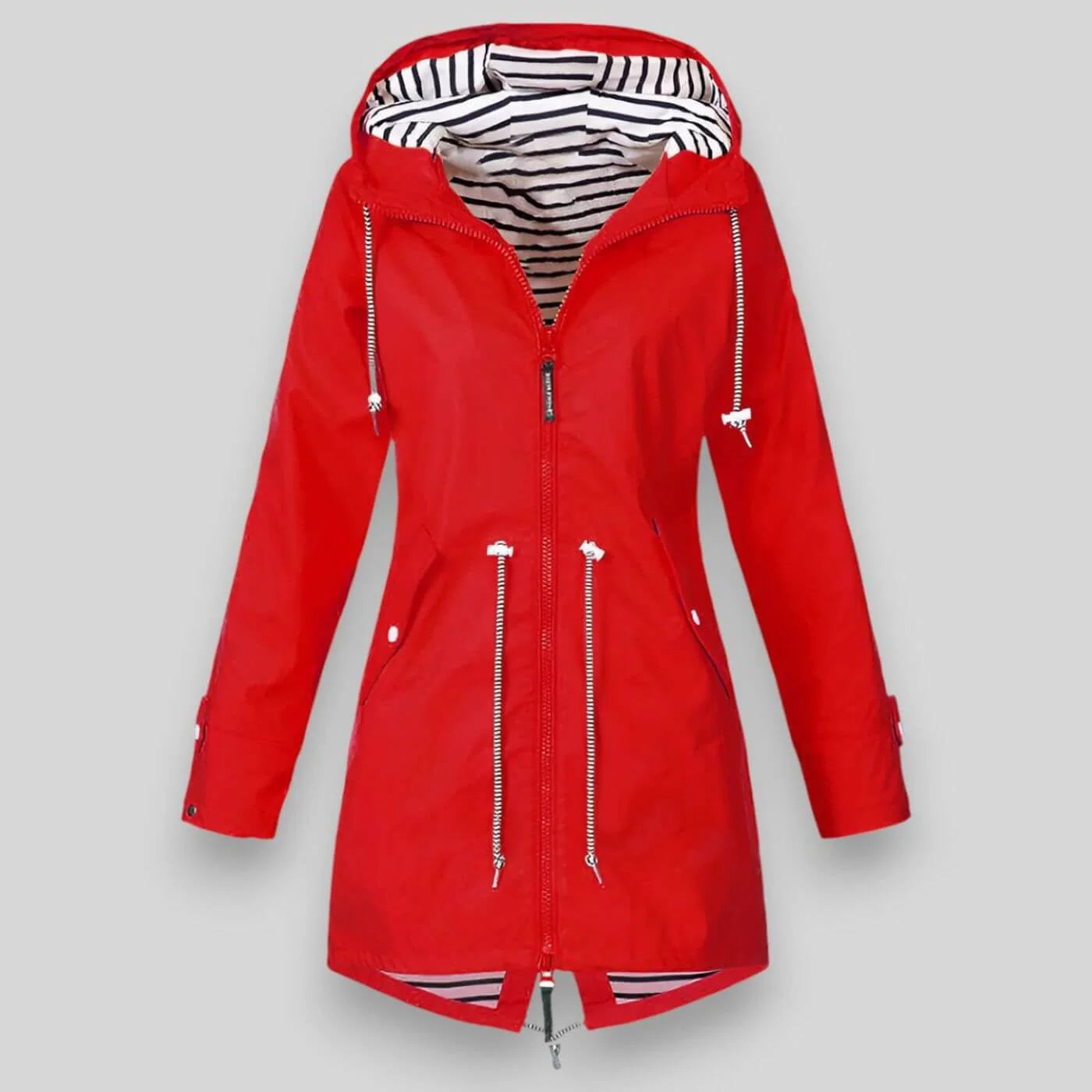 Red Women's Raincoat With Hood — Belle Longline Waterproof Drawstring - Front Hood Open