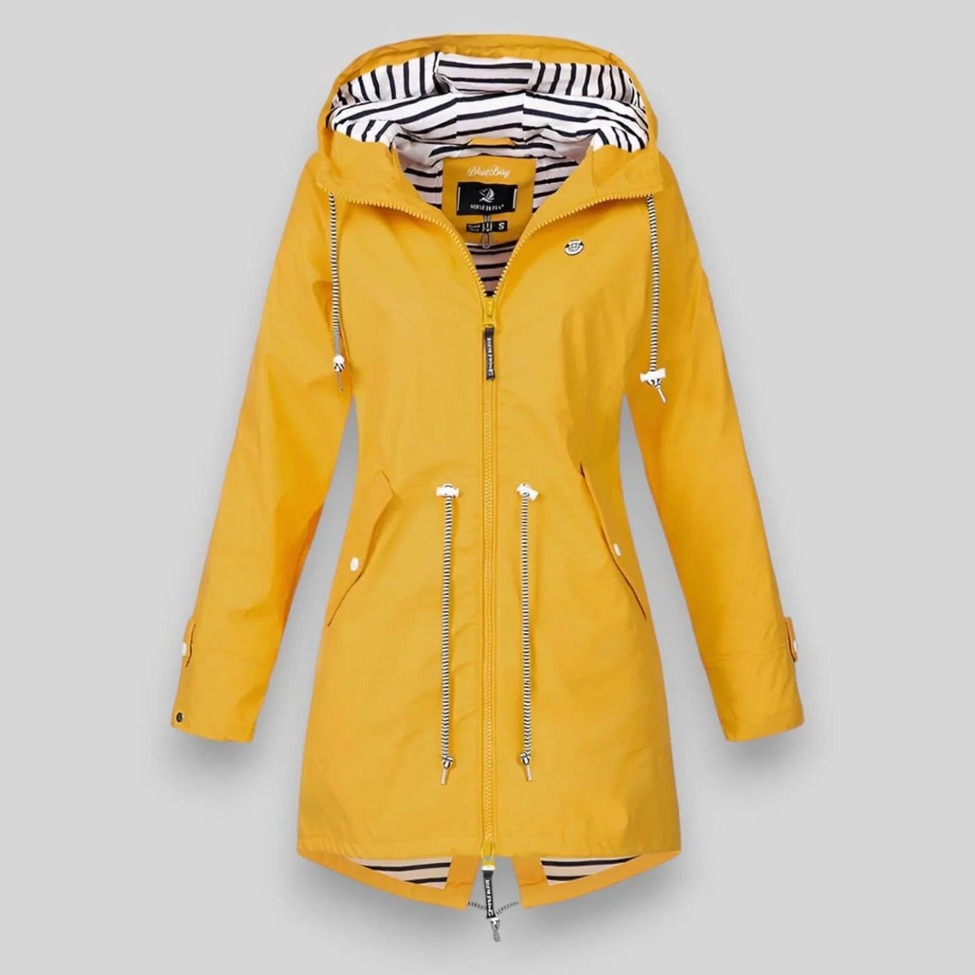 Yellow Women's Raincoat With Hood — Belle Longline Waterproof Drawstring - Front Zipped
