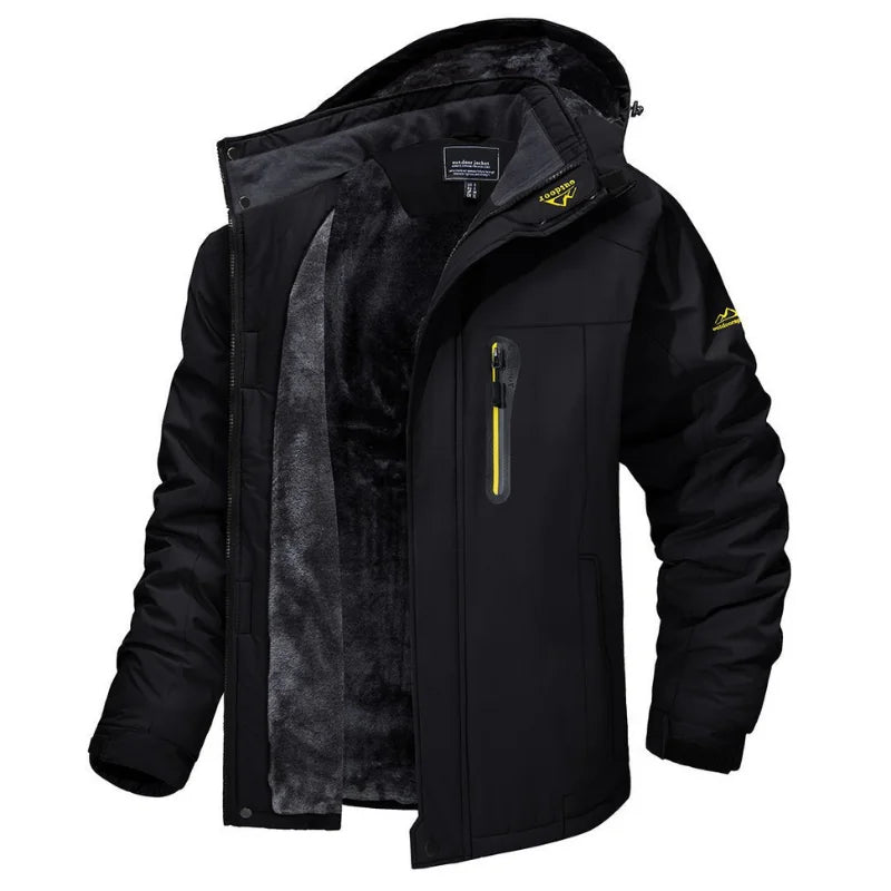 Black Men's Hooded Outdoor Winter Jacket with Fleece Lining & Zip Pockets — Blake
