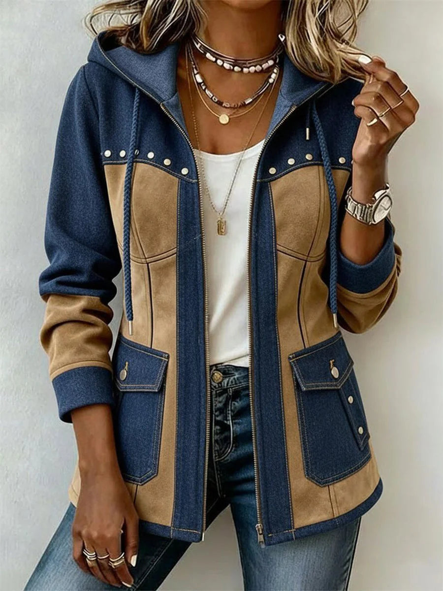 Blue/Beige Women's Hooded Jacket with Patchwork Panels & Drawstring Hood - Front Full