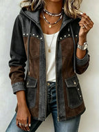 Dark Grey/Brown Women's Hooded Jacket with Patchwork Panels & Drawstring Hood - Graybrown Front Detail