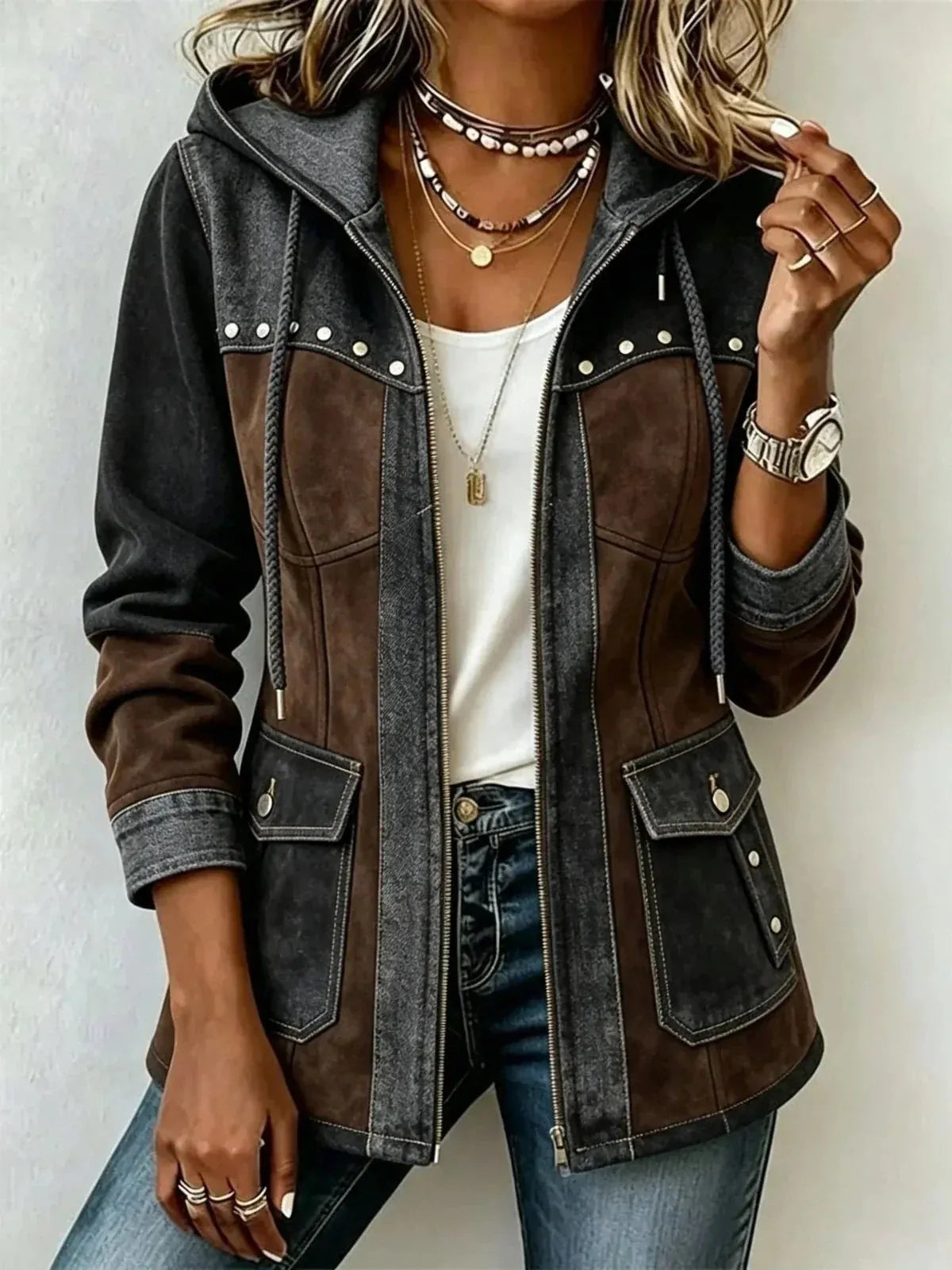 Dark Grey/Brown Women's Hooded Jacket with Patchwork Panels & Drawstring Hood - Graybrown Front Detail