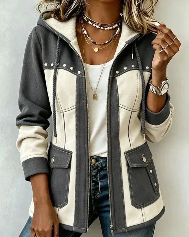 Dark Grey/White Women's Hooded Jacket with Patchwork Panels & Drawstring Hood - Graywhite Studio Close