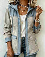 Grey/Light Blue Women's Hooded Jacket with Patchwork Panels & Drawstring Hood - Front Closeup