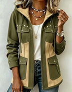 Olive/Beige Women's Hooded Jacket with Patchwork Panels & Drawstring Hood - Front Pose