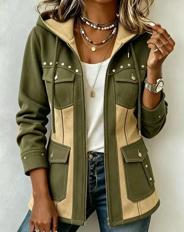 Olive/Beige Women's Hooded Jacket with Patchwork Panels & Drawstring Hood - Front Pose