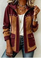 Red/Light Brown Women's Hooded Jacket with Patchwork Panels & Drawstring Hood - Cropped Front