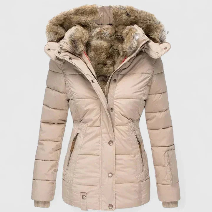 Beige Women's Winter Coat with Fur-Trim Hood & Zip-Front Closure