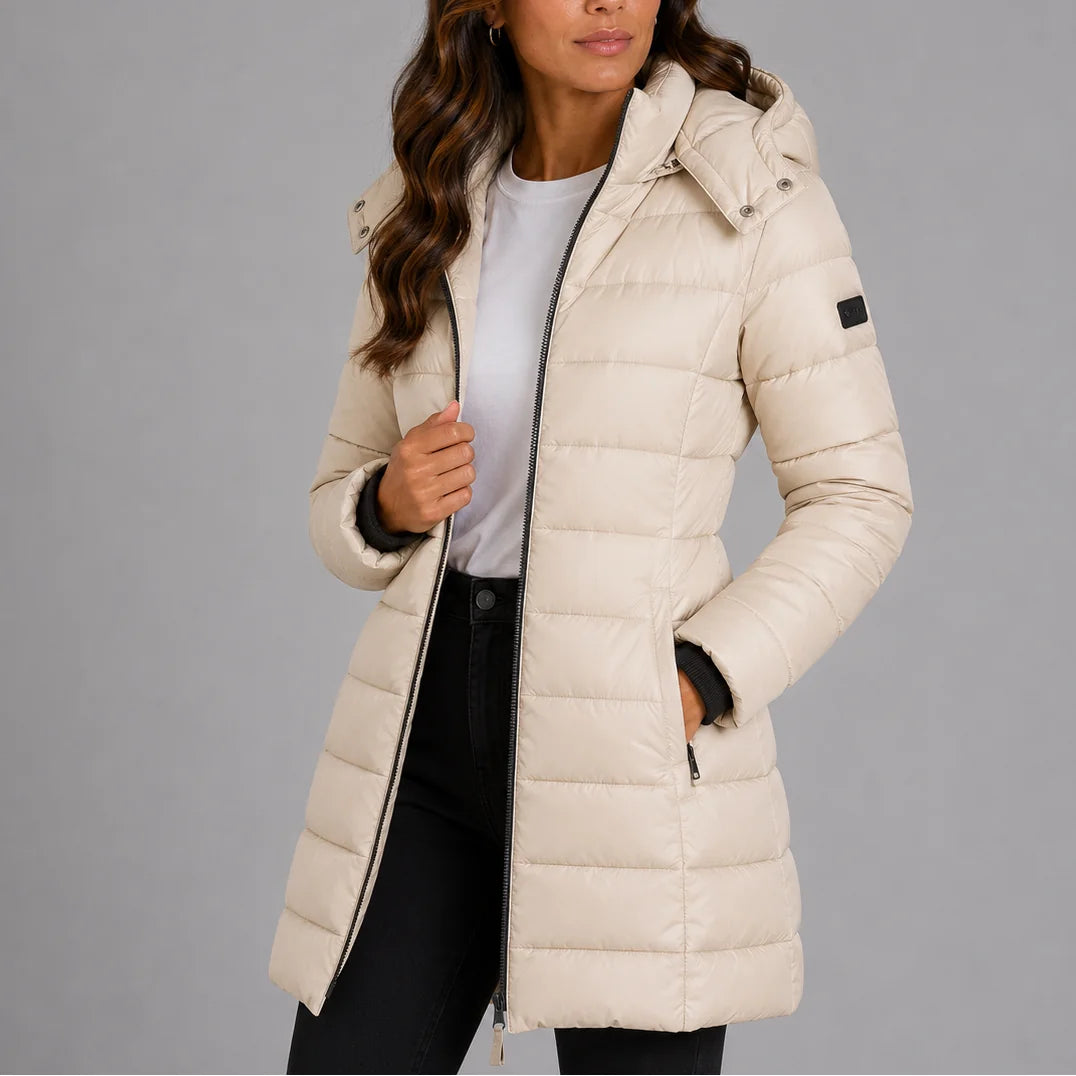 Beige Women's Hooded Puffer Coat with Full-Length Zip & Longline Hem