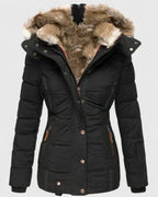 Black Women's Winter Coat with Fur-Trim Hood & Zip-Front Closure — Celeste