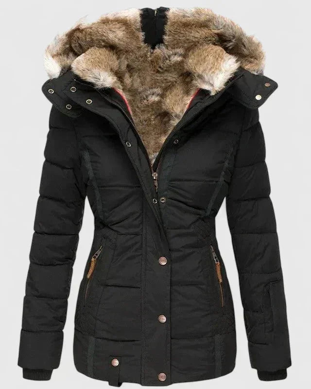 Black Women's Winter Coat with Fur-Trim Hood & Zip-Front Closure — Celeste