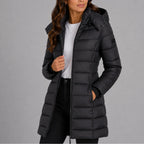 Black Women's Hooded Puffer Coat with Full-Length Zip & Longline Hem