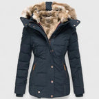 Blue Women's Winter Coat with Fur-Trim Hood & Zip-Front Closure