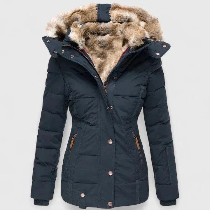 Blue Women's Winter Coat with Fur-Trim Hood & Zip-Front Closure