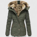 Green Women's Winter Coat with Fur-Trim Hood & Zip-Front Closure