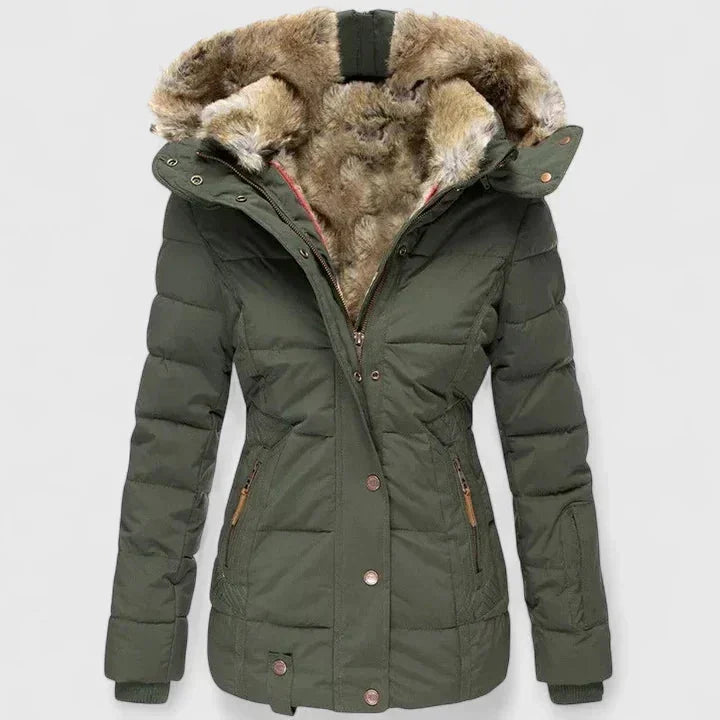 Green Women's Winter Coat with Fur-Trim Hood & Zip-Front Closure