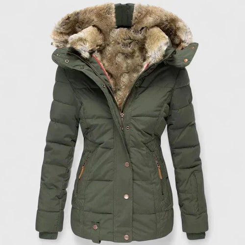 Green Women's Winter Coat with Fur-Trim Hood & Zip-Front Closure