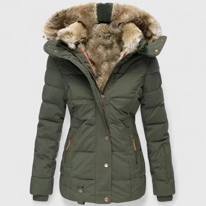 Green Women's Winter Coat with Fur-Trim Hood & Zip-Front Closure