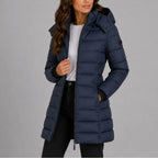 Women's Hooded Puffer Coat with Full-Length Zip & Longline Hem - Front Hand On Zip