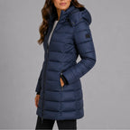 Women's Hooded Puffer Coat with Full-Length Zip & Longline Hem - Side Pose Hand In Pocket