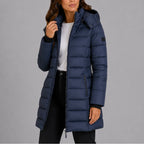 Navy Women's Hooded Puffer Coat with Full-Length Zip & Longline Hem