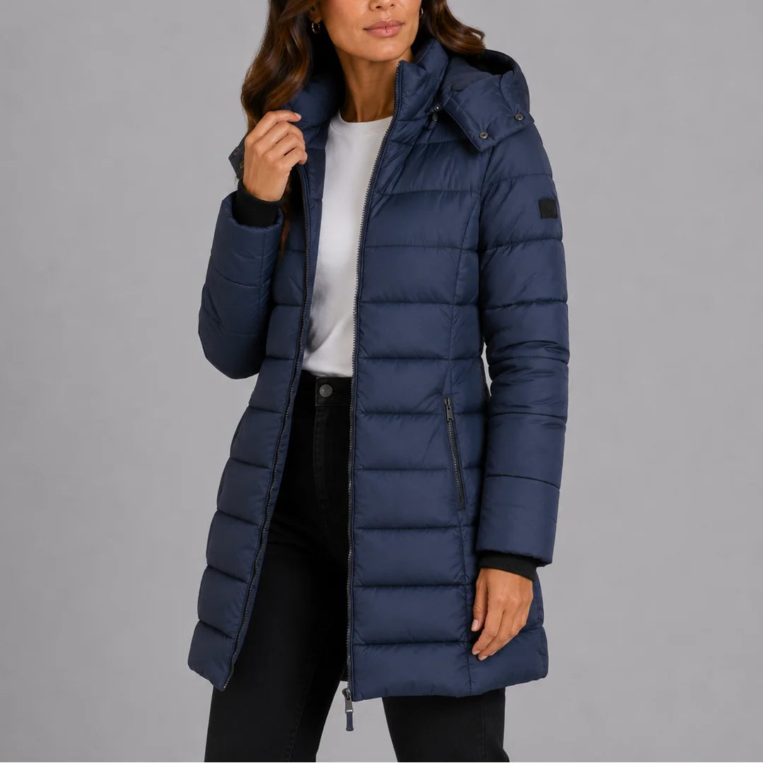 Navy Women's Hooded Puffer Coat with Full-Length Zip & Longline Hem