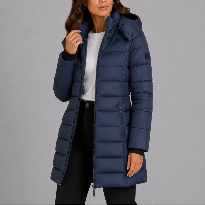 Navy Women's Hooded Puffer Coat with Full-Length Zip & Longline Hem