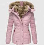 Pink Women's Winter Coat with Fur-Trim Hood & Zip-Front Closure