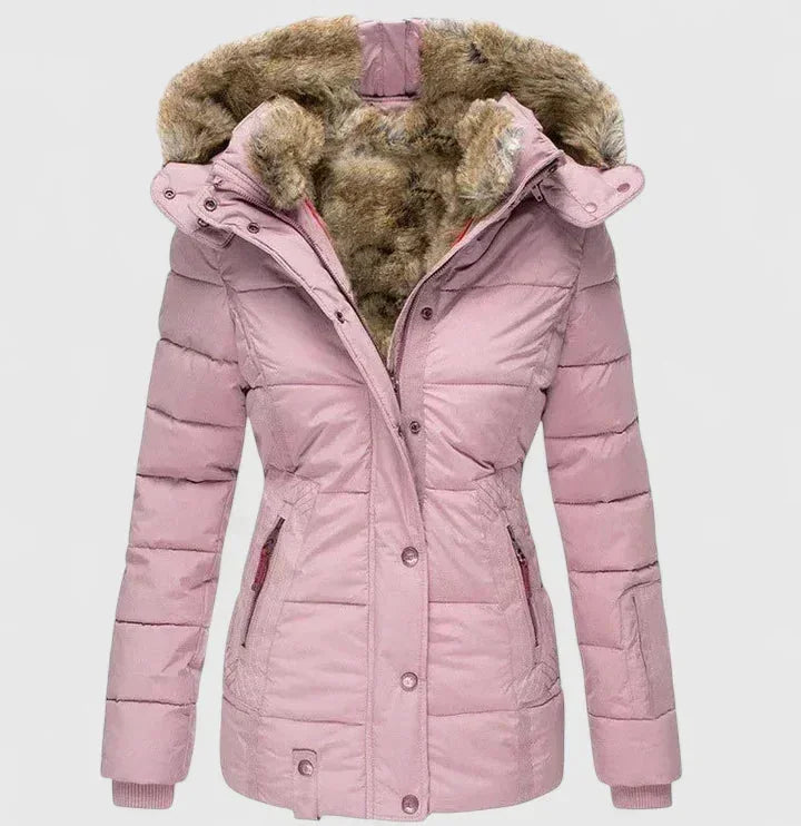 Pink Women's Winter Coat with Fur-Trim Hood & Zip-Front Closure
