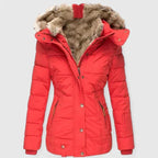 Red Women's Winter Coat with Fur-Trim Hood & Zip-Front Closure — Celeste