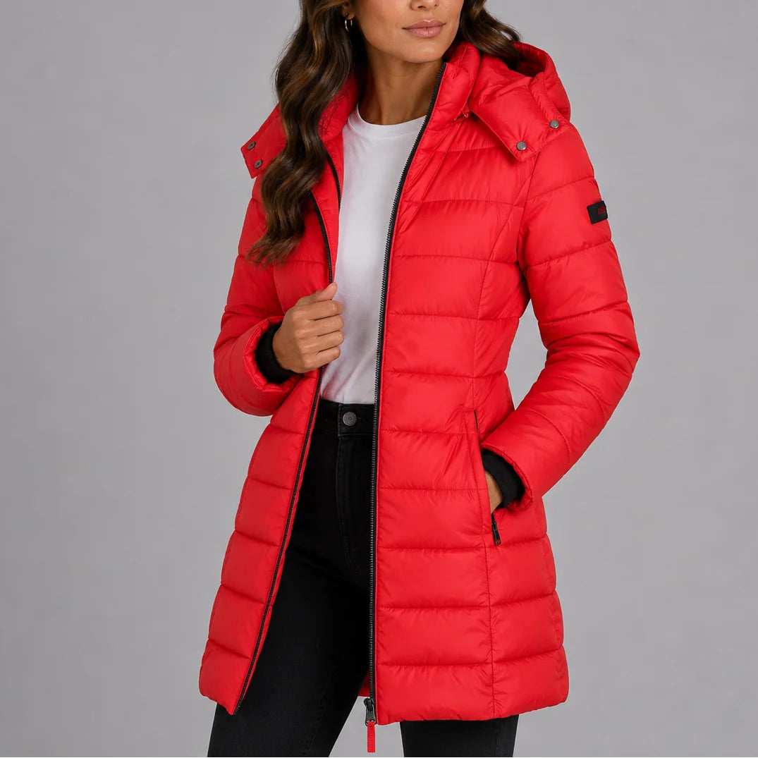 Red Women's Hooded Puffer Coat with Full-Length Zip & Longline Hem