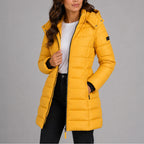 Yellow Women's Hooded Puffer Coat with Full-Length Zip & Longline Hem