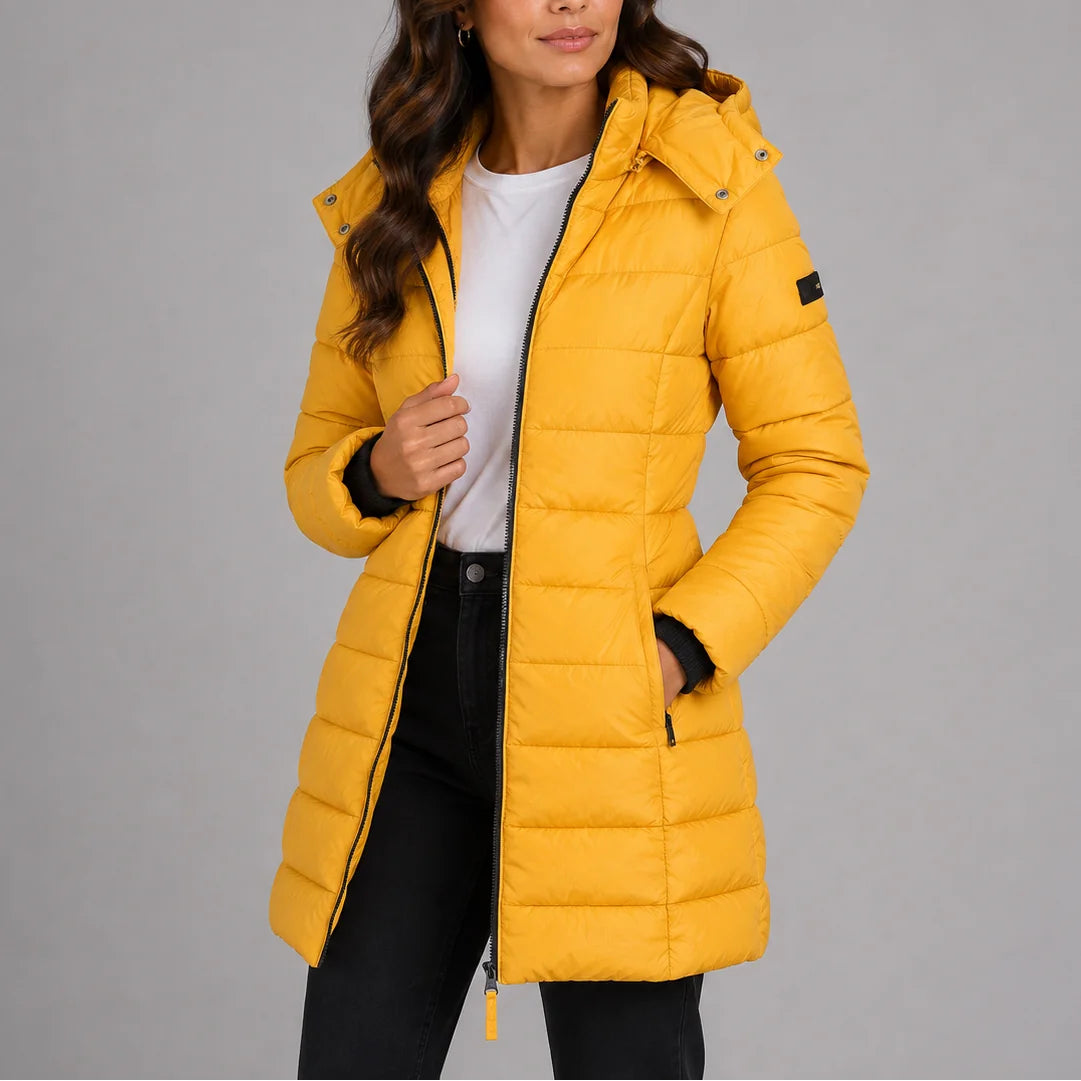 Yellow Women's Hooded Puffer Coat with Full-Length Zip & Longline Hem