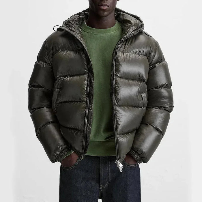 Army Green Men's Hooded Puffer Jacket with Zip Pockets & Glossy Finish - Front Full