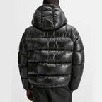 Men's Hooded Puffer Jacket with Zip Pockets & Glossy Finish - Back Close
