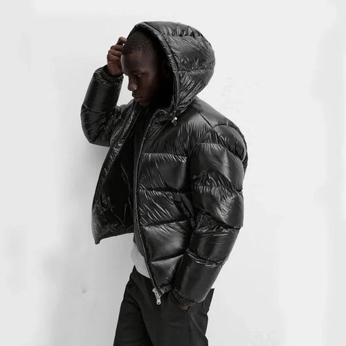 Men's Hooded Puffer Jacket with Side Pockets & Glossy Finish - Side Profile