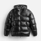 Men's Hooded Puffer Jacket with Zip Pockets & Glossy Finish - Studio Flat Front