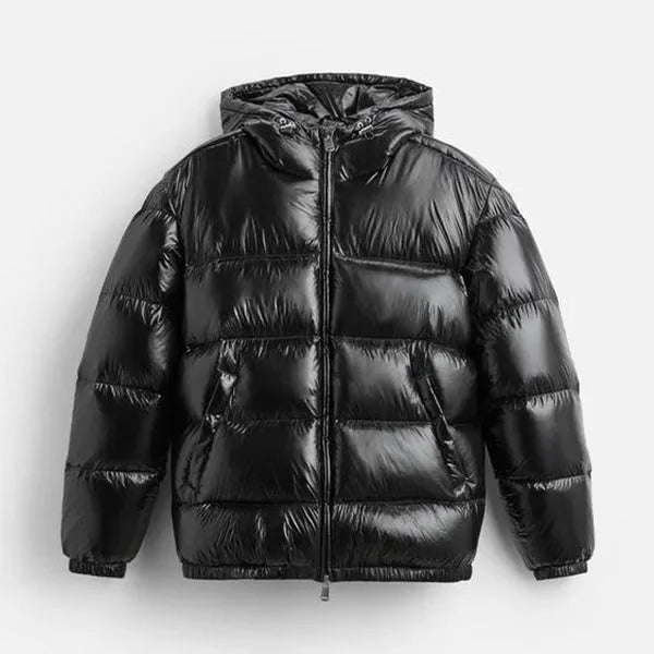Men's Hooded Puffer Jacket with Zip Pockets & Glossy Finish - Studio Flat Front