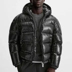 Black Men's Hooded Puffer Jacket with Zip Pockets & Glossy Finish