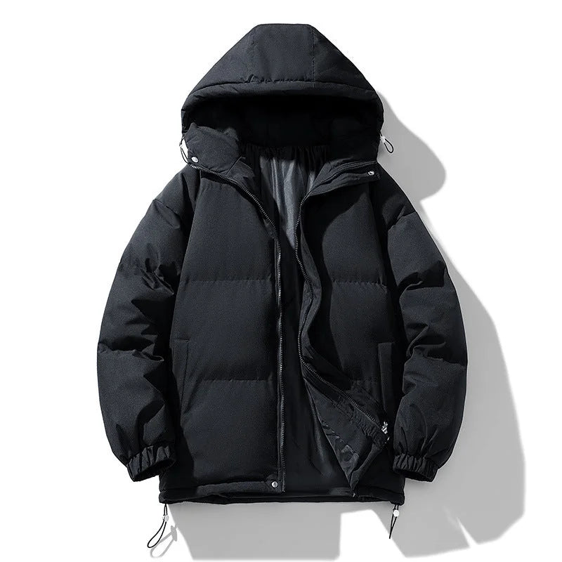 Black Men's Hooded Puffer Jacket with Zip Closure & Relaxed Fit