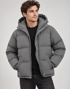 Dark Grey Men's Hooded Puffer Jacket with Zip Closure & Relaxed Fit - Front Full Worn