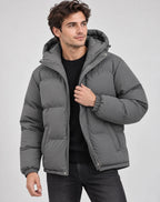 Men's Hooded Puffer Jacket with Zip Closure & Relaxed Fit - Front Worn Hand Zipper