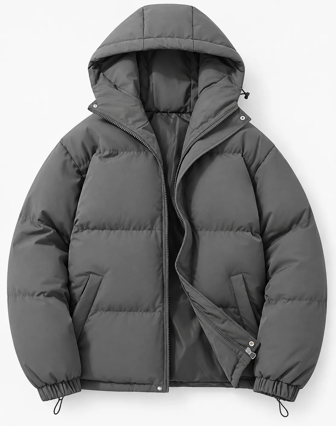 Men's Hooded Puffer Jacket with Zip Closure & Relaxed Fit - Flat Lay Front Open 8