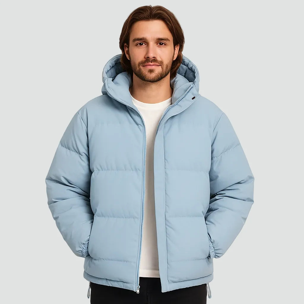 Light Blue Men's Hooded Puffer Jacket with Zip Closure & Relaxed Fit - Front Worn Closeup