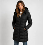 Black Women's Hooded Puffer Jacket with Zip Front & Side Pockets — Eilidh