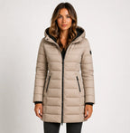 Khaki Women's Hooded Puffer Jacket with Zip Front & Side Pockets — Eilidh