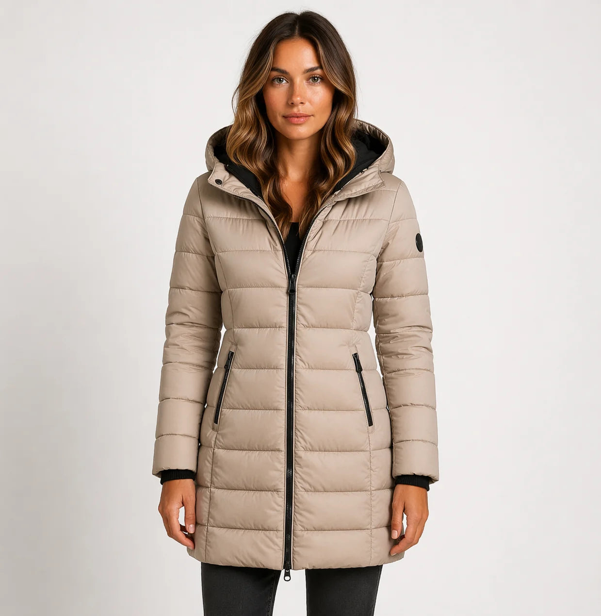 Khaki Women's Hooded Puffer Jacket with Zip Front & Side Pockets — Eilidh